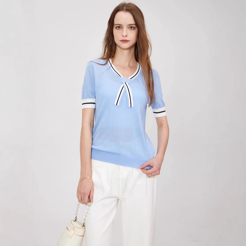 European Station High-end Custom European Goods Fashionable Elegant Commuter Solid Color Bow V-neck Short-sleeved Knitted Shirt Casual Women European Station High-end Custom European Goods Fashionable Elegant Commuter Solid Color Bow V-neck Short-sleeved Knitted Shirt Casual Women