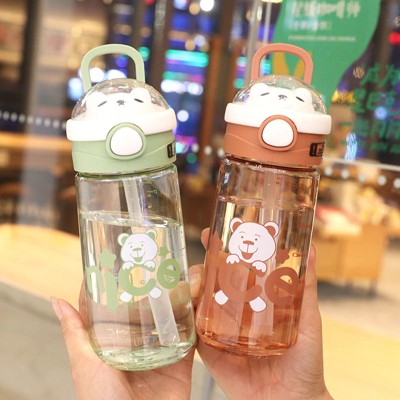 New children's straw cup, drop-resistant cartoon English bear, elementary school student, kindergarten baby plastic water cup