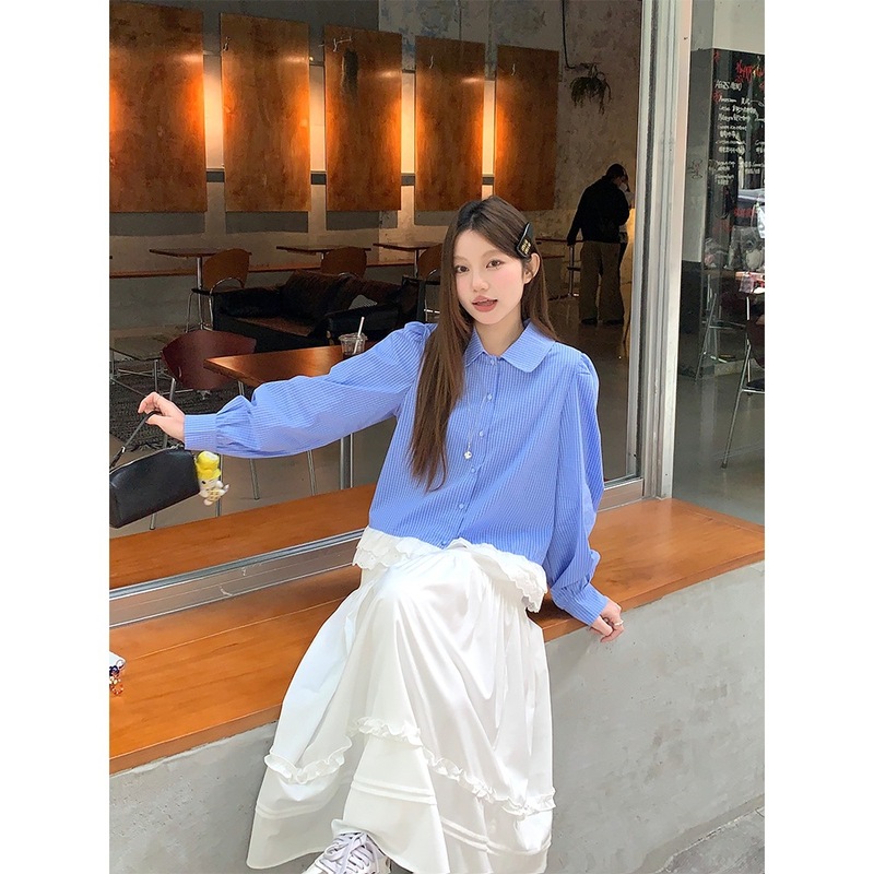 蓝色格子拼接花边衬衫女2025春夏复古宽松防晒衬衣设计感长袖上衣|undefined
