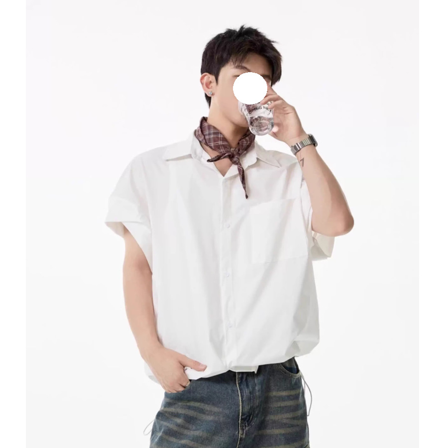 Khaki Tooling Shirt Short-sleeved Men's Summer American Simple Loose Lapel Shirt Drawstring Design Couple Inch Clothes Tide_viptrois.com