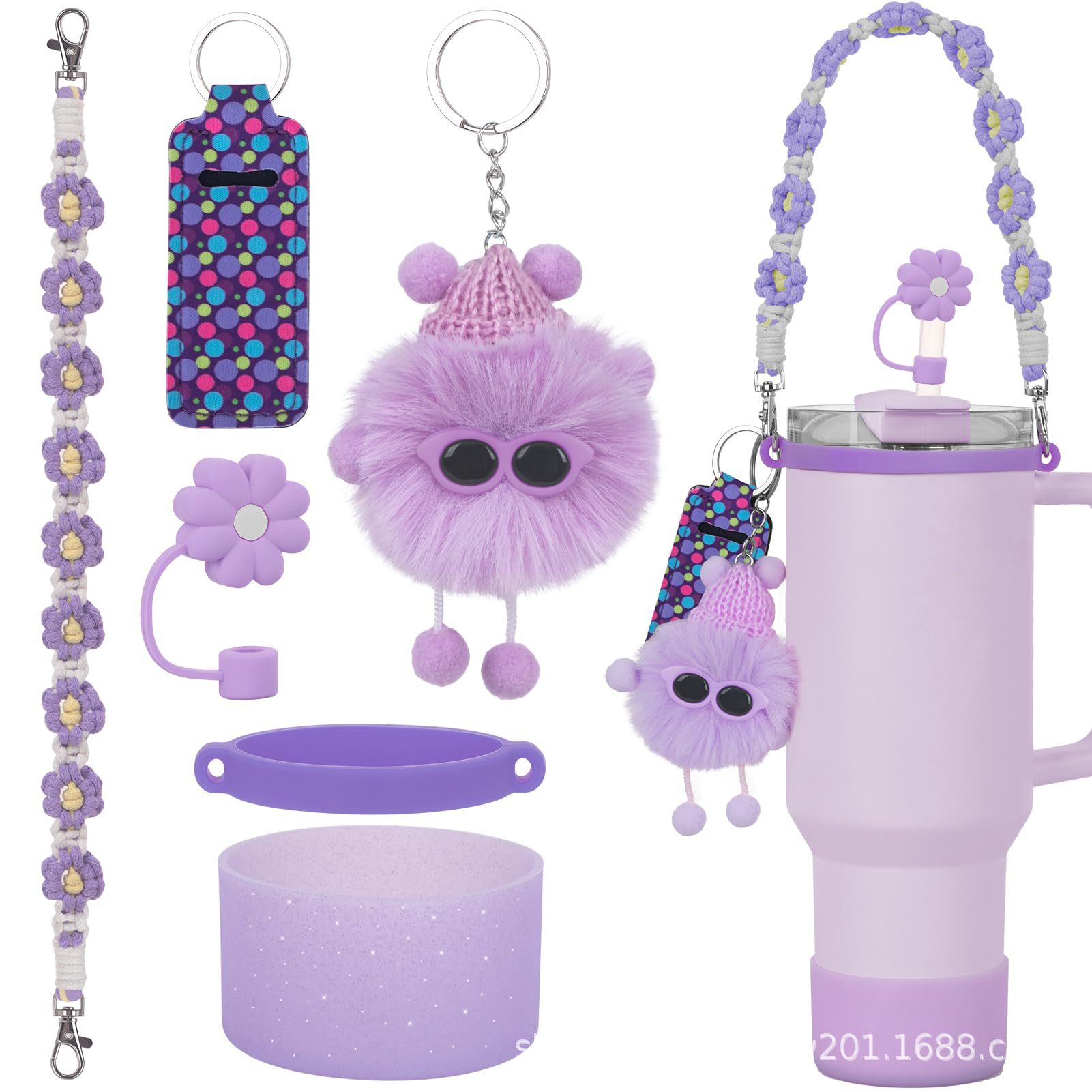 Juego de 6 piezas stanley taza colgante margarita correa de mano cuerda de labios juego de briquetas bola de pelo de elfo juego de taza de brillo