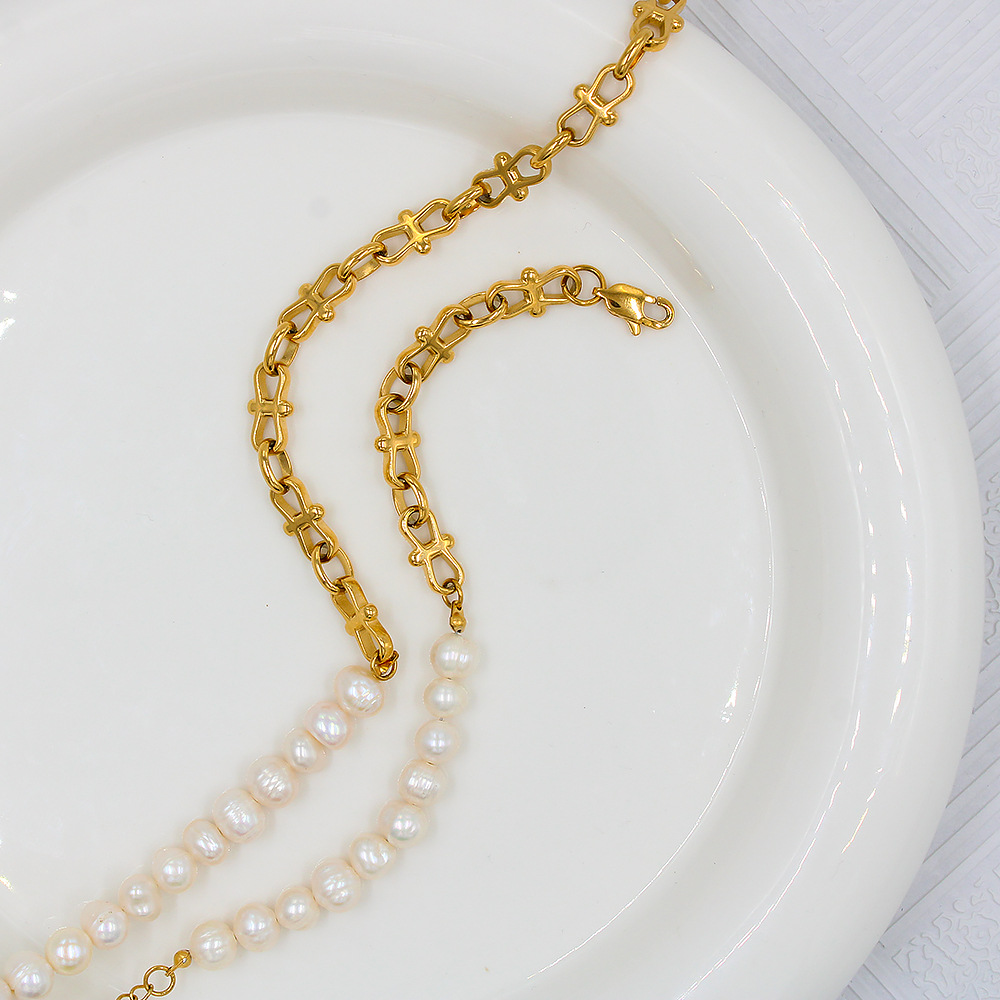 Fashion Color Block Pearl Titanium Steel Plating Bracelets Necklace 1 Piece