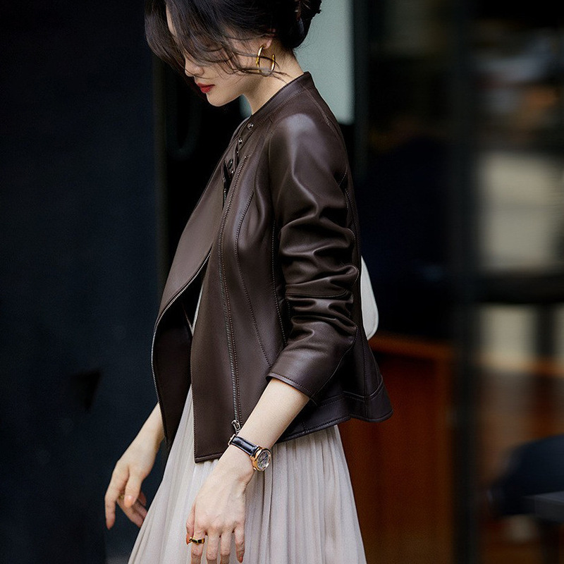 Haining Genuine Leather Jacket for Women 2025 Spring & Fall New Style Stand Collar Fashionable Slim Fit Goatskin Top Jacket Versatile