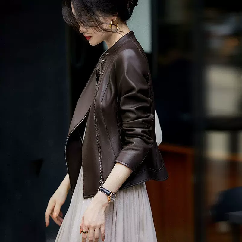 海宁真皮皮衣女2025春秋新款立领时尚修身显瘦绵羊皮上衣外套百搭