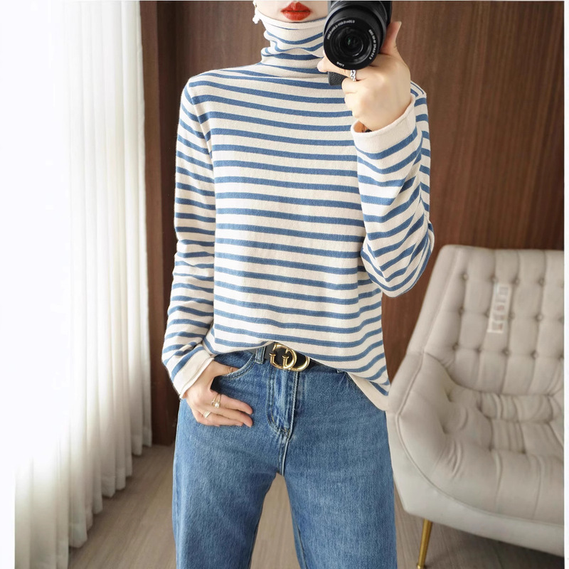 New 100% Cotton Striped Slouchy Turtleneck Women's Sweater Stylish Top with High-Neck Pure Cotton Knit Base Shirt