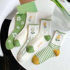 綠色襪子女秋季日系花邊女中筒襪學生小清新精梳棉透氣可愛學院風