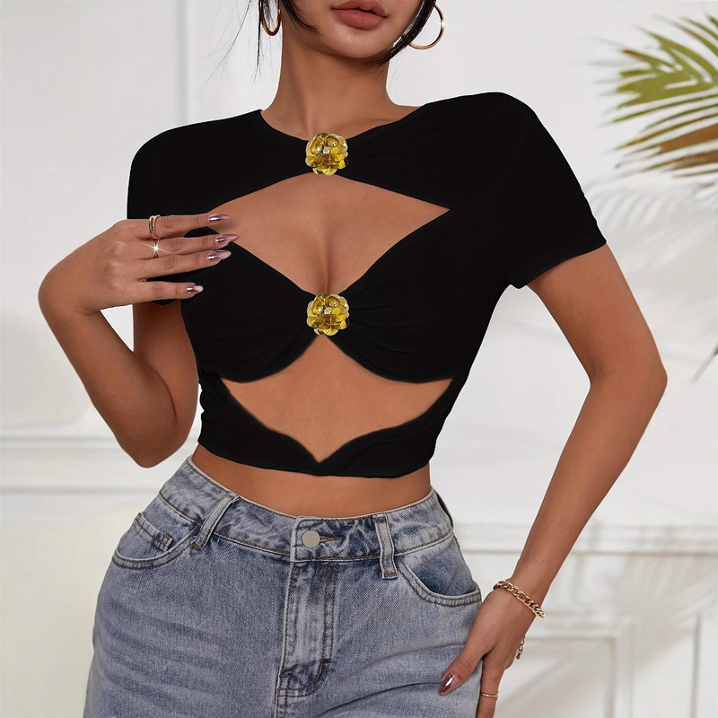 Cross-Border Export Hot-Selling Pure Color Swimsuit for Women 2025 New Style Cut Out Navel-Baring Slim Sexy Tube Top T-Shirt Top