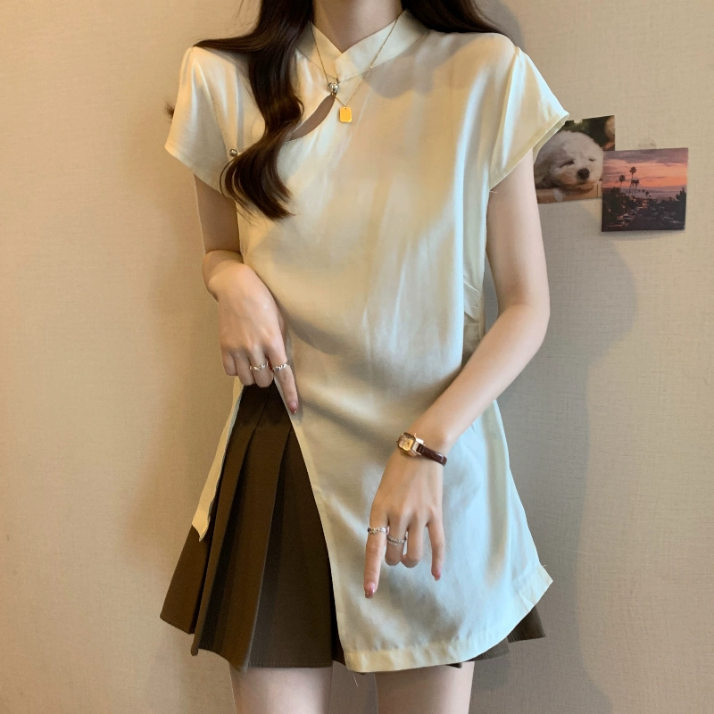 Новая легкая рубашка в китайском стиле больших размеров с короткими рукавами и пуговицами в национальном стиле для женщин, летняя рубашка для похудения, закрывающая живот, топ средней длины с разрезом