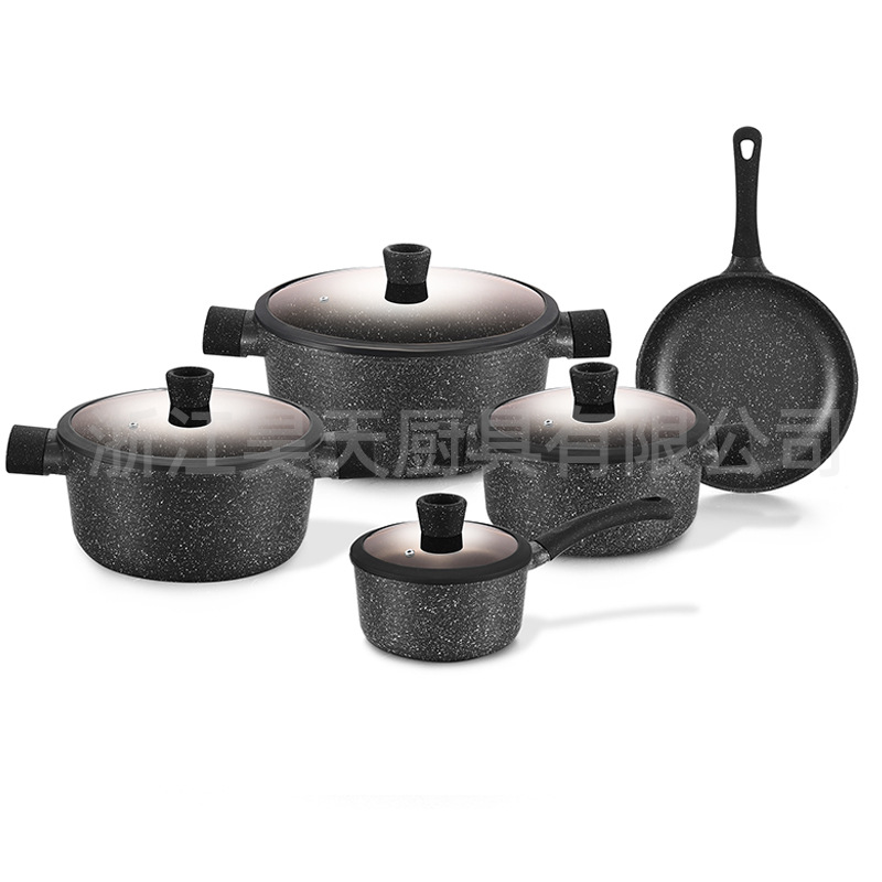 Olla de sopa de fondo plano antiadherente, juego de utensilios de cocina, olla de fundición a presión de piedra médica, juego de cocina de diez piezas