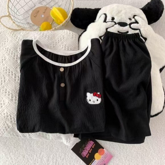 Venta al por mayor transfronteriza de nuevos pijamas de algodón de nube para mujer pantalones cortos de manga corta de verano con cuello redondo bordado dulce y simple servicio a domicilio