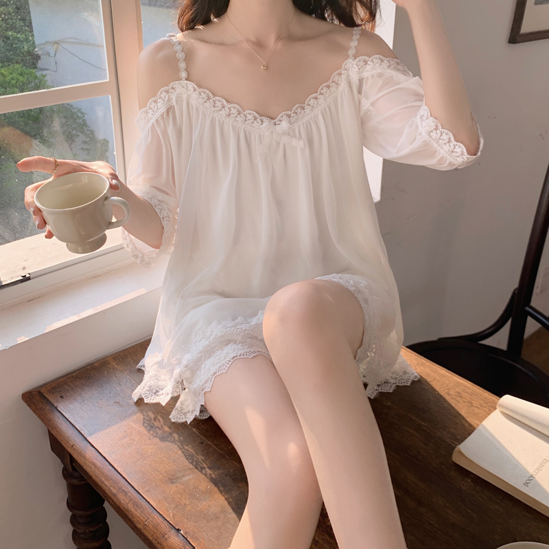New Mesh Pajamas for Women Loose Modal Summer Short-Sleeved Thin Seaside Vacation Princess Style Home Clothes Set Thin