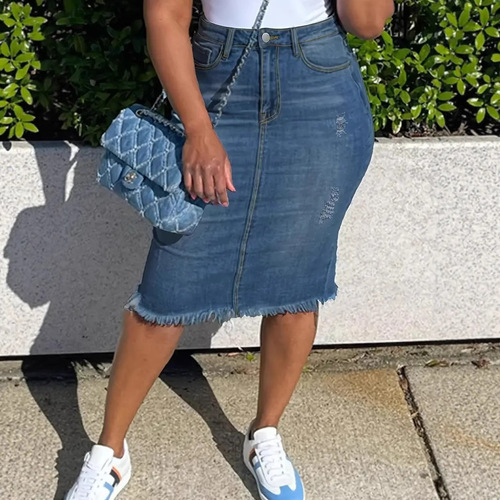 Rough denim skirt, women's new style, high waist, slimming one-step dress, medium and long a-line bag hip skirt