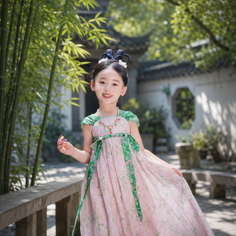 Shibolo Girls' Hanfu Summer Ramie Tang-Style High-Waisted Skirt Children's Ancient Costume Tang Dynasty Princess Style Printed Dress Shibolo Girls' Hanfu Summer Ramie Tang-Style High-Waisted Skirt Children's Ancient Costume Tang Dynasty Princess Style Printed Dress