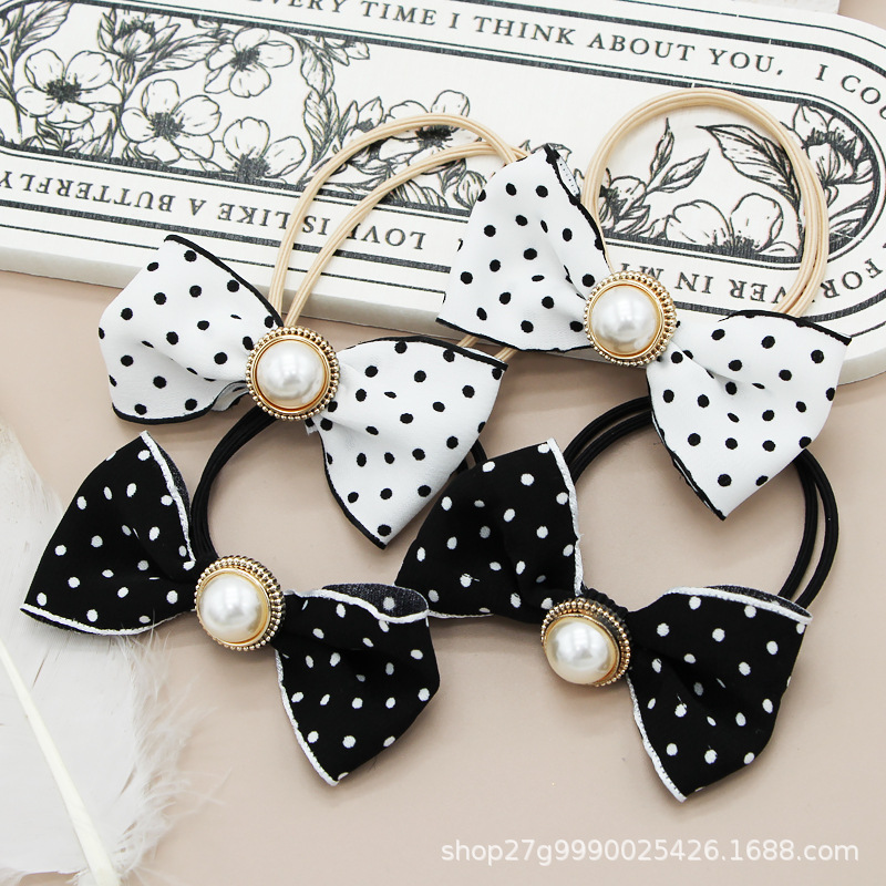 波点蝴蝶结珍珠发绳时尚风简约发圈INS风可爱扎发皮筋