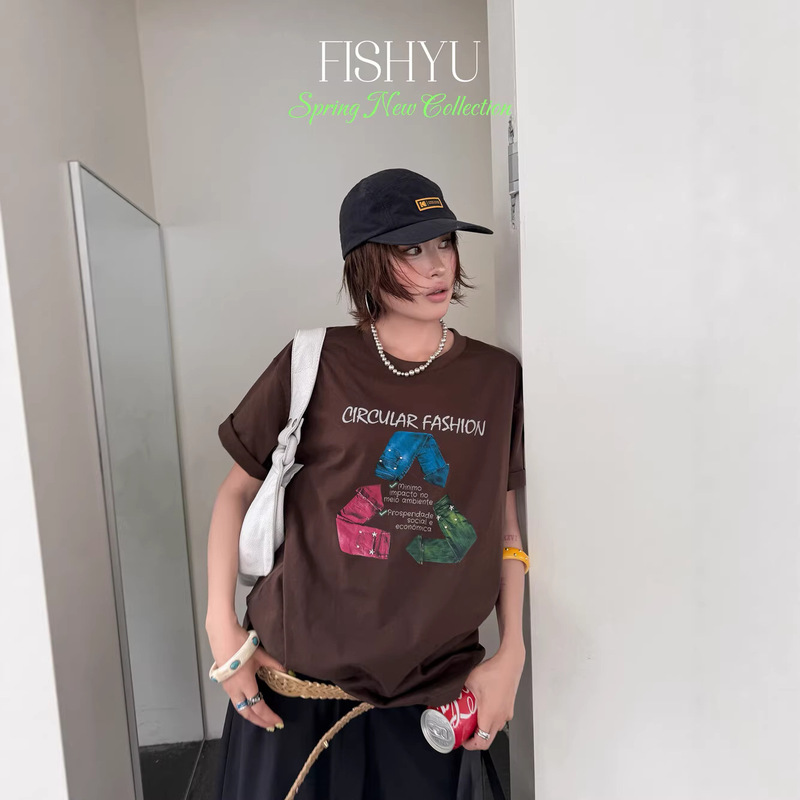 Fishyu Summer New Fashion Cyclic Pattern Jeans Letter Print Studded Short Sleeve Women's T-Shirt 26169