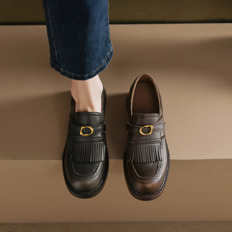 英伦风棕色乐福鞋女圆头小皮鞋真皮深口单鞋厚底粗跟布洛克流苏鞋