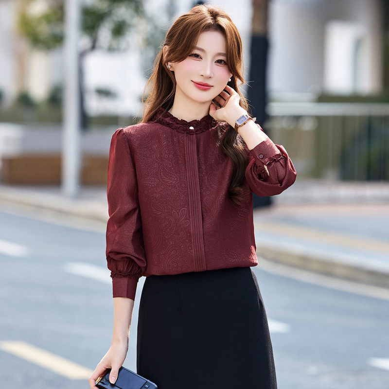 Burgundy French-Style Heavy-Duty Design Stand-Collar Long-Sleeve Shirt for Women, 2026 Spring New Style with Ruffled Edges, Plus-Size Top Burgundy French-Style Heavy-Duty Design Stand-Collar Long-Sleeve Shirt for Women, 2026 Spring New Style with Ruffled Edges, Plus-Size Top