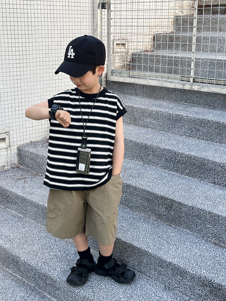 Niños de verano camiseta de mangas cortas chaleco sin mangas 2026 verano nuevo bebé chaleco a rayas sueltas 5