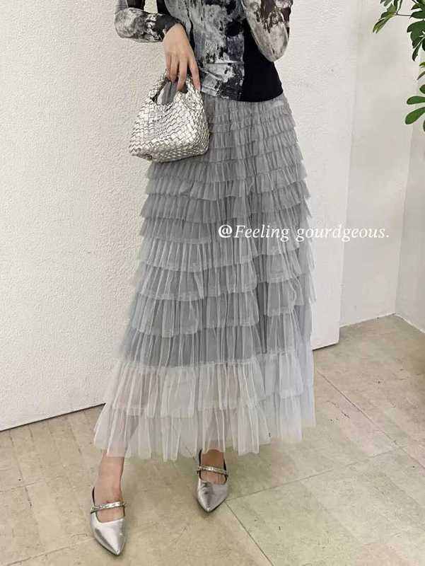 爱丽丝甜美渐变网纱蛋糕裙重工拼接中长款半身裙秋法式仙女裙5色|undefined