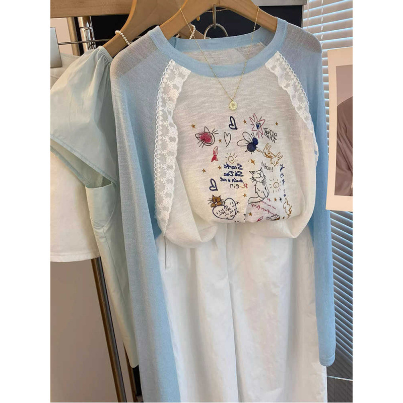 Light Blue Cartoon Graffiti Long-Sleeved Sun Protection Blouse for Women 2025 Summer Lazy Style Loose Lace Splicing Thin Top