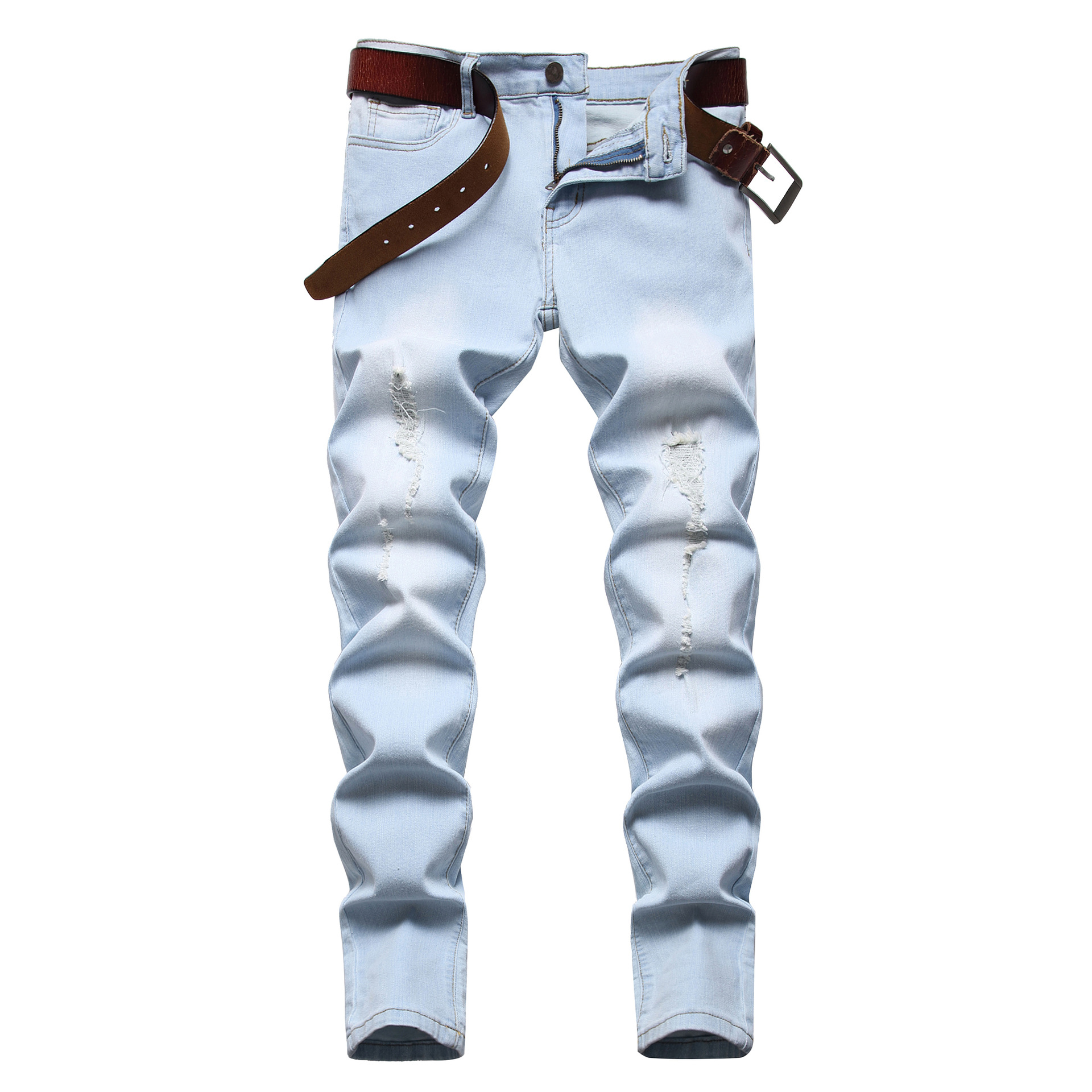 跨境男大童装弹力牛仔裤修身 少年男生破洞牛仔长裤北美亚马逊