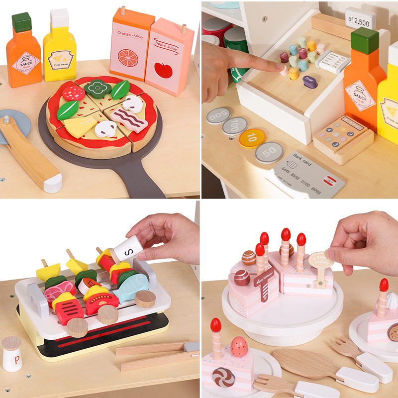 Juguetes transfronterizos CE / CPC madera simulación casera aristocrática danesa tienda blanca caja registradora pastel de pizza