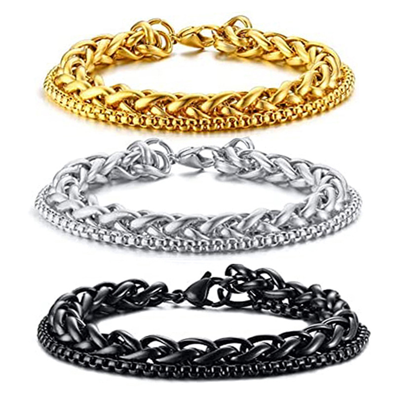 Tiliani Amazon Hot Selling European and American Aggressive Silver Men's Titanium Steel Bracelet Double Chain Keel Bracelet