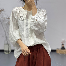 素凡卡春款新品森女日系镂空刺绣娃娃领衬衫净色长袖衬衣16288