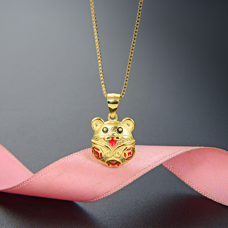 Regalo del día de San Valentín de Qixi 925 plata esterlina oro antiguo goteo de aceite de cobre moneda zodiacal colgante de ratón de la vida año collar mujer