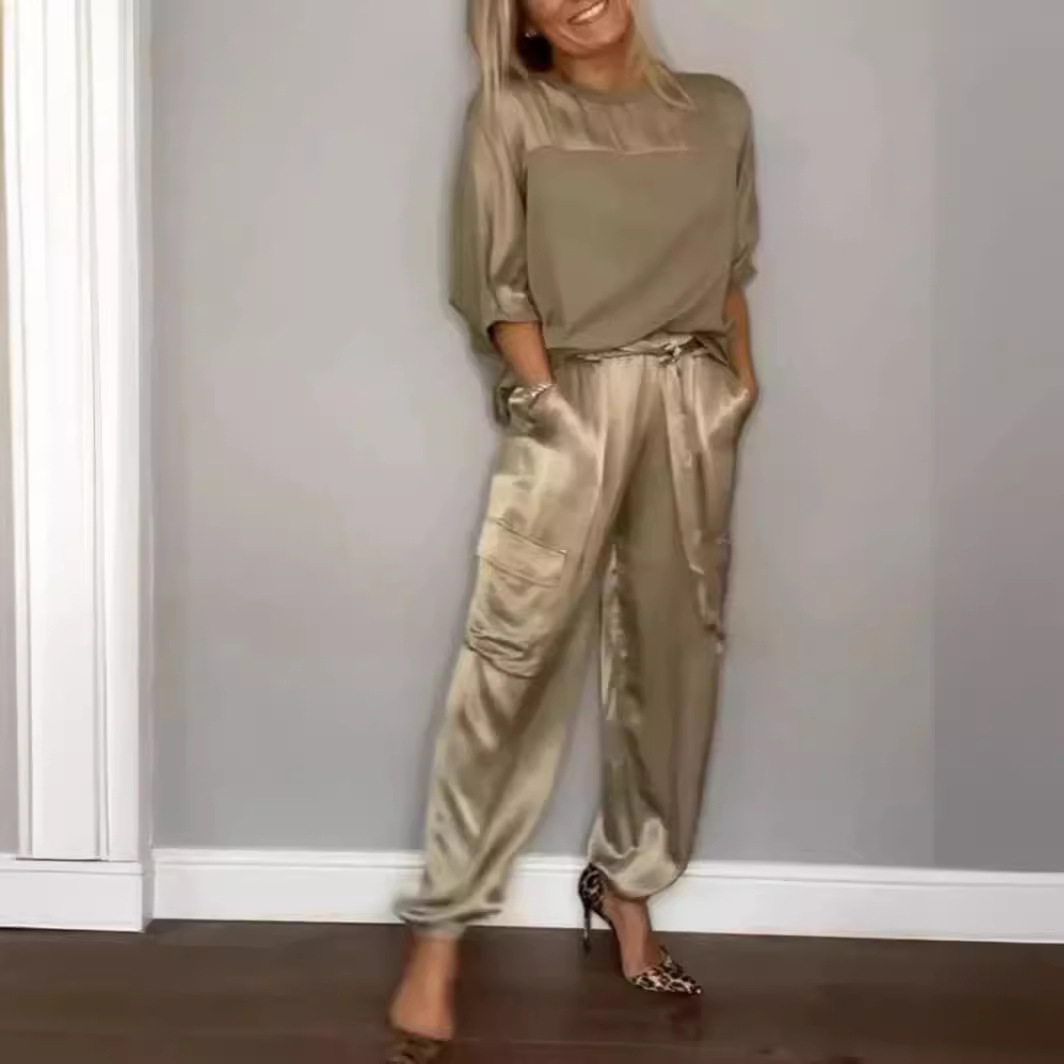2024 Amazon AliExpress European and American Cross-border Fashion Women's Smooth Satin Half-sleeve Top Pants Set Two-piece Set