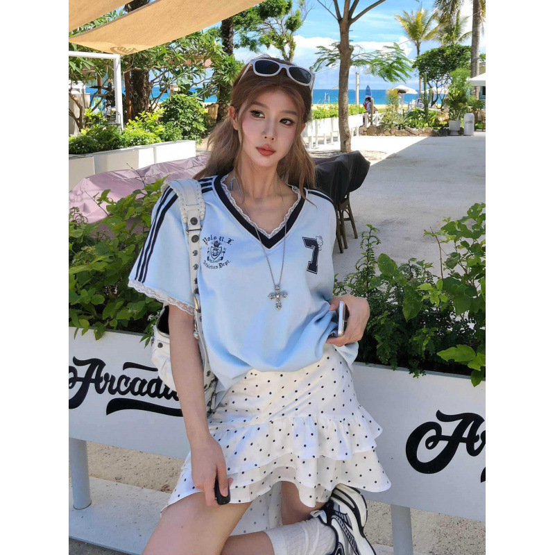 Baby Blue Preppy Style Short-Sleeved T-Shirt Women's Summer Lace Splicing V Neck Sports Jersey Loose Casual Couple Tops