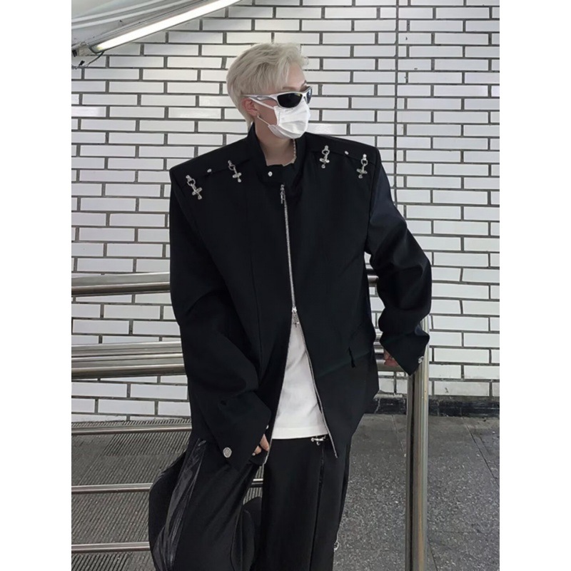 2024 Summer New Men's Airplane Buckle Metal Shoulder Pad Suit Dark Cotton Zipper Jacket Coat