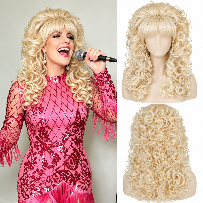 Halloween Costume Dolly Parton Cosplay Wig Golden Bangs High Crown Curly Hair Synthetic Fiber Wig