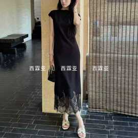 金辉南油新款 醋酸乱麻蕾丝绣花连衣裙 立领下摆拼接优雅气质显瘦