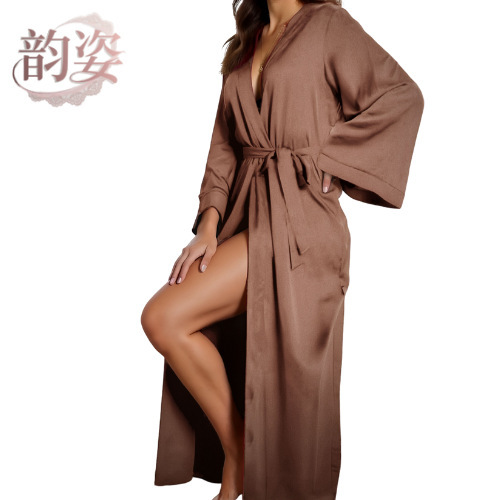 Cross-Border 2026 Long-Sleeve Silk Plus-Size Pajamas for Women, Home Wear, Sexy Long Ice Silk Nightgown, Women's Robe Wholesale