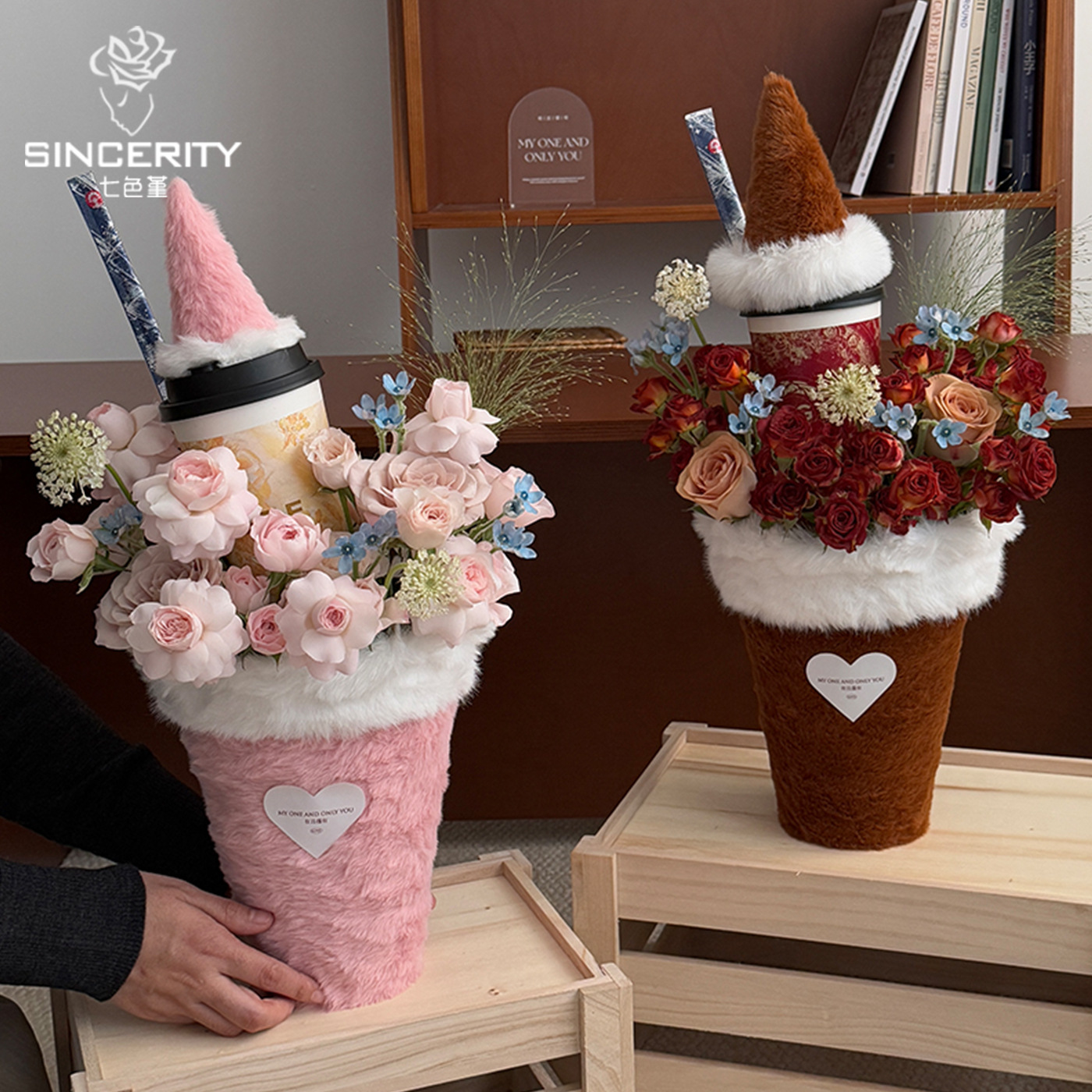 Serie de invierno y otoño de siete colores, taza de té de peluche, caja de flores, caja de regalo floral diy hecha a mano