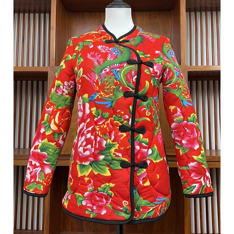 Northeast Flower Coat Retro Black Edge Button New Cotton Coat Retro Chinese Style Cotton Coat Chinese Ethnic Style Mesh Red Print