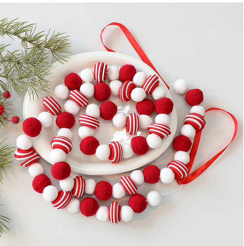Handgefertigte Filzkugelgirlande – Rot-weiße Pompon-Girlande für Weihnachtsbaum, Kamin und Fensterdekoration (DIY-Weihnachtsdekoration, 3 Meter)_voghion.com