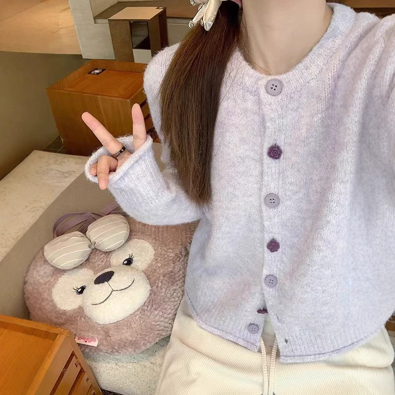 Женский вязаный кардиган KANING в корейском стиле, фиолетовый, класса люкс, осень 2025, новинка, милый и стильный, с круглым вырезом