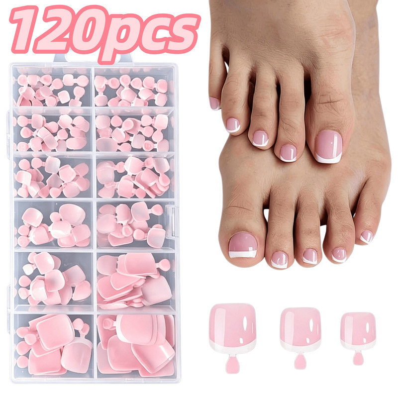 Cross-border 120 pieces/box French white edge square short toenails in nude pink, full adhesive glossy nude color false toenails Cross-border 120 pieces/box French white edge square short toenails in nude pink, full adhesive glossy nude color false toenails