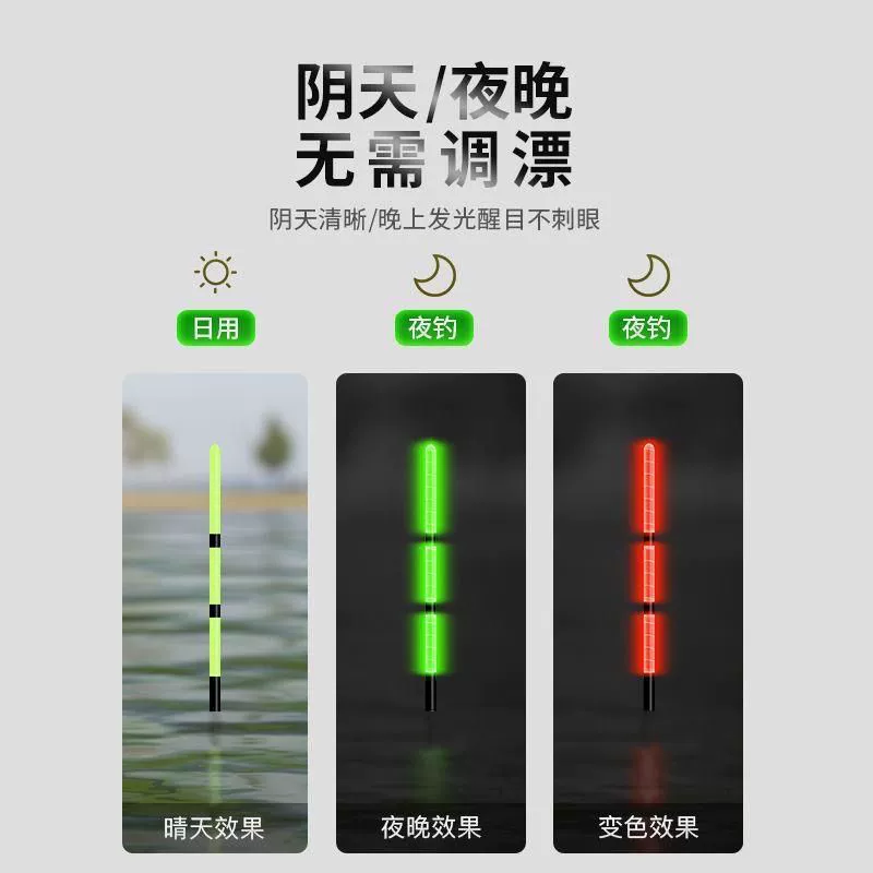 Shallow water crucian carp float bite hook changes color day and night, luminous float eye-catching thick white strips special float for wild fishing crucian carp float