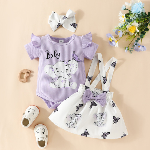 Amazon baby girl strap dress set, girl baby track pants elephant print T-shirt strap animal print dress trendy