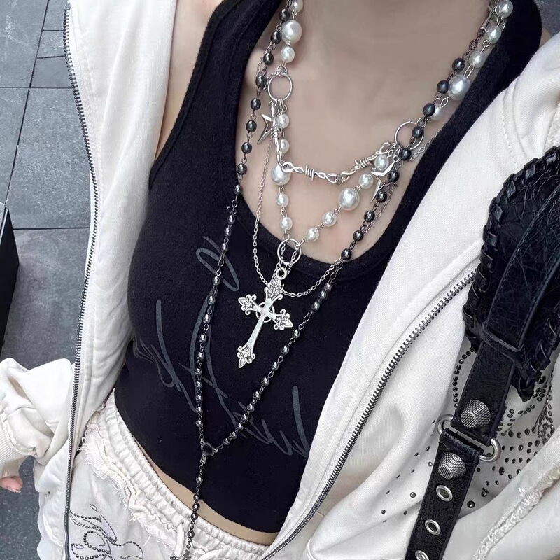 Gothic Stacked Cross Necklace Imitation Pearl Tassel Choker Necklace Punk Clavicle Accessories Multi-Layer Sweater Chain