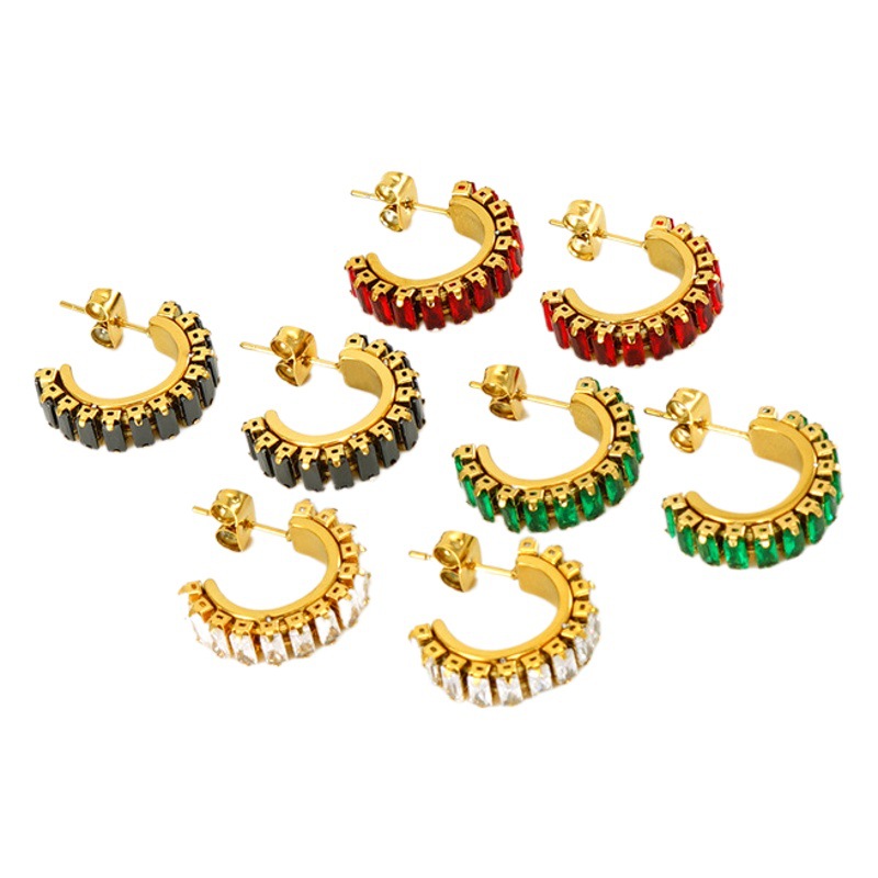 Cruzar la frontera europea y americana de acero de titanio de circón nicho diseño pendientes mujer 18K de acero inoxidable de diamantes en forma de C pendientes al por mayor