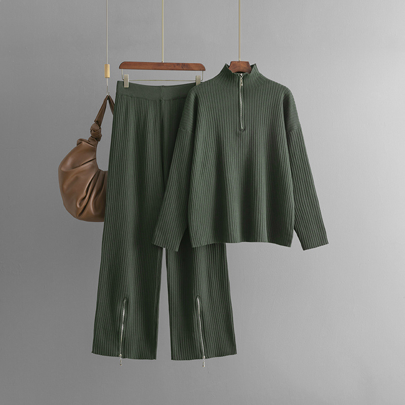 910g Weight Long Sleeve Sleeve Length knit Fabric Type Pant Co-ord Set Sets Type 2 Pieces Set Quantity Daily Occasion Turtleneck Neckline Regular Fit Fit Type Solid Color Pattern Spring, Autumn Season Women's Gender Zipper Design Simple Style Style Daily Women's Simple Style Solid Color Knit Zipper Pant Co-ord Set Pants Sets 3