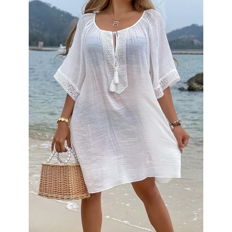 2025 comercio exterior mujeres Beachwear damas verano con bordas encaje de contraste