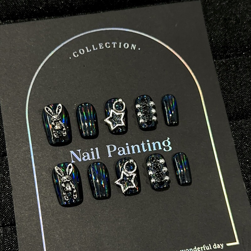 Purely Handmade High-End Dark Black Sweet Cool Nail Art Pieces, European and American Style Dazzling Laser Silver Rabbit Fake Nail Stickers