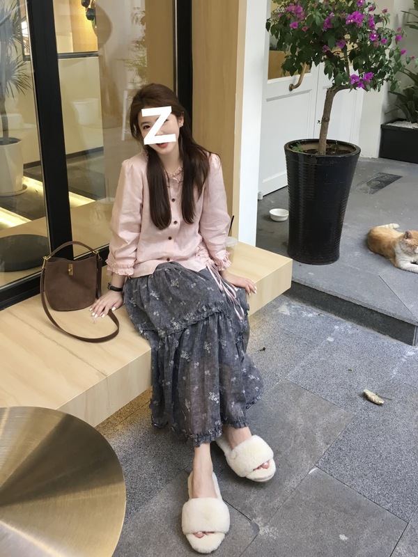 2025秋日巨好看的两件套女装甜美粉色边长袖衬衫垂感碎花半身裙子|undefined