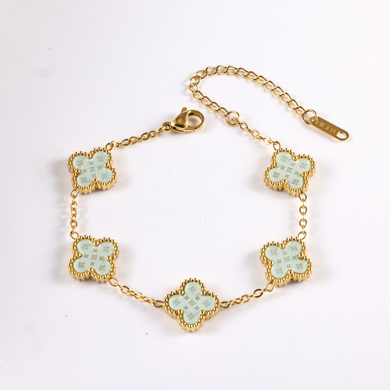 Four-Leaf Clover Bracelet for Women, Light Luxury 18K Gold Plated Double-Sided Mother-Of-Pearl Lucky Clover Hand Jewelry, Cross-Border Hot Item