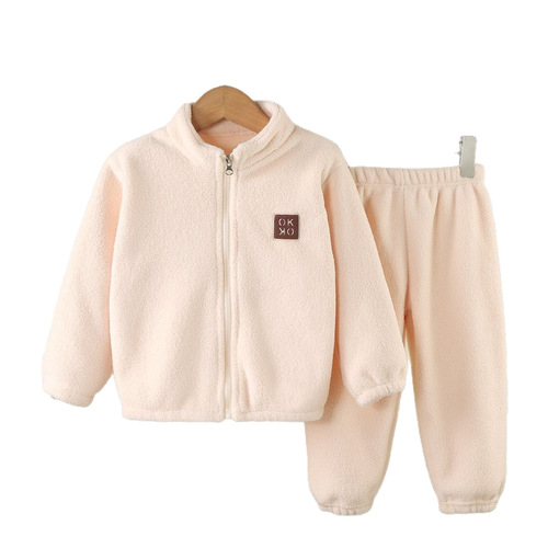 Children's Homewear Spring and Autumn Warm Set for Boys and Girls, Two-Piece Pajama Set with Baby Creme Fabric Top and Bottom